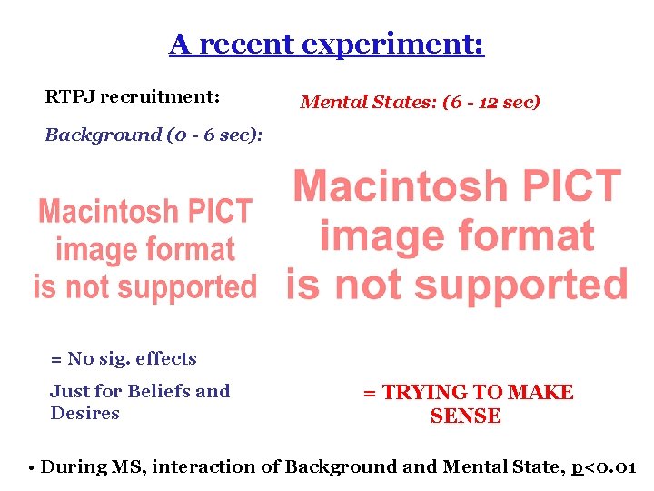 A recent experiment: RTPJ recruitment: Mental States: (6 - 12 sec) Background (0 -