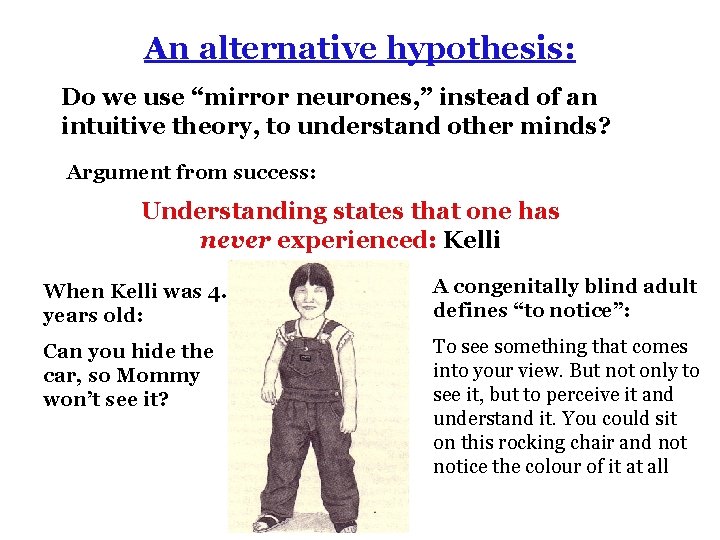 An alternative hypothesis: Do we use “mirror neurones, ” instead of an intuitive theory,