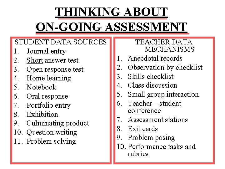 THINKING ABOUT ON-GOING ASSESSMENT STUDENT DATA SOURCES 1. Journal entry 2. Short answer test