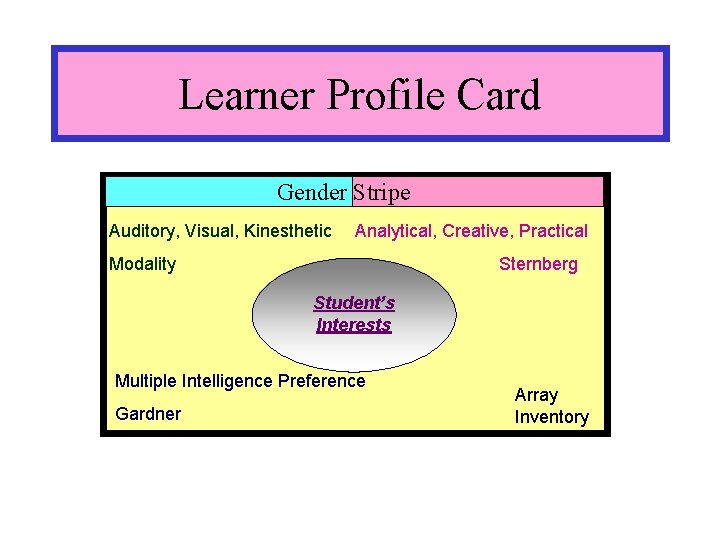 Learner Profile Card Gender Stripe Auditory, Visual, Kinesthetic Analytical, Creative, Practical Modality Sternberg Student’s