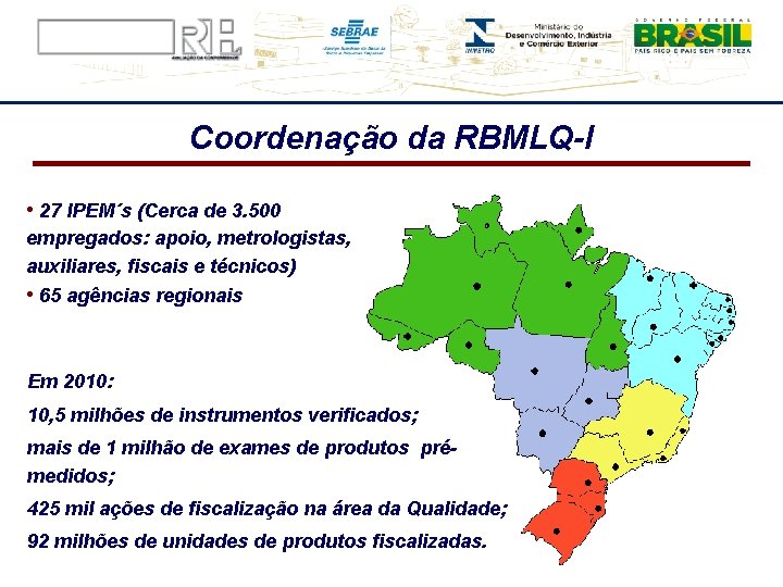 Coordenação da RBMLQ-I • 27 IPEM´s (Cerca de 3. 500 empregados: apoio, metrologistas, auxiliares,