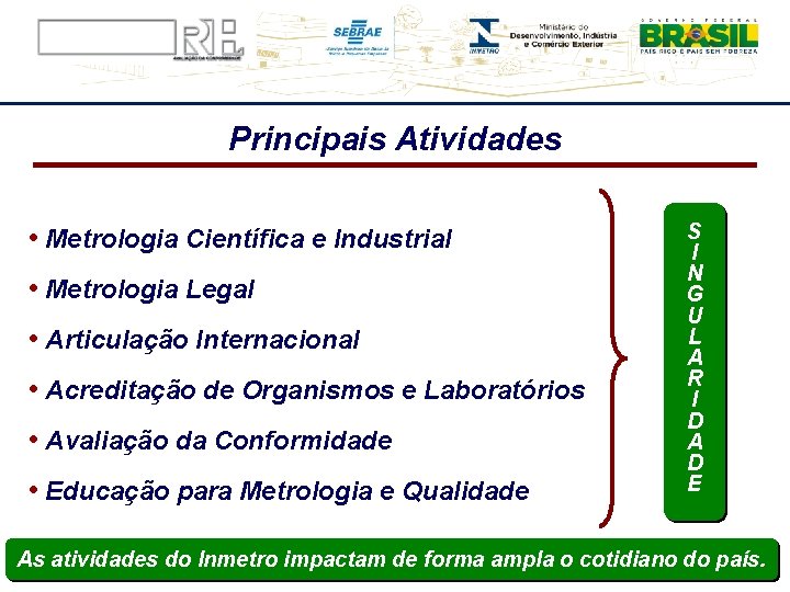 Principais Atividades • Metrologia Científica e Industrial • Metrologia Legal • Articulação Internacional •