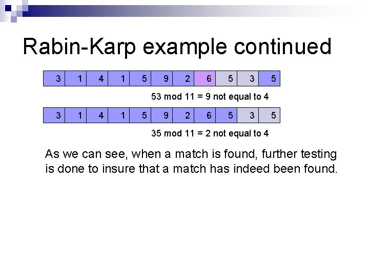 Rabin-Karp example continued 3 1 4 1 5 9 2 6 5 3 5