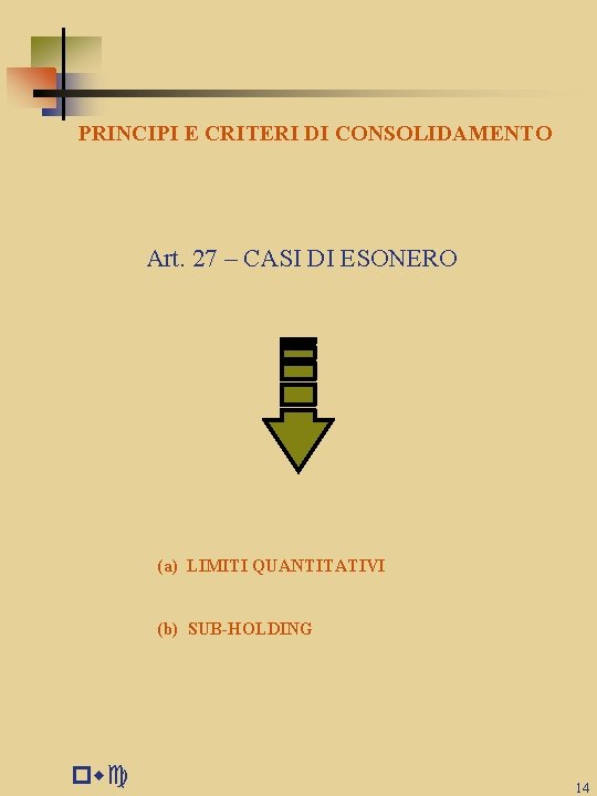 PRINCIPI E CRITERI DI CONSOLIDAMENTO Art. 27 – CASI DI ESONERO (a) LIMITI QUANTITATIVI