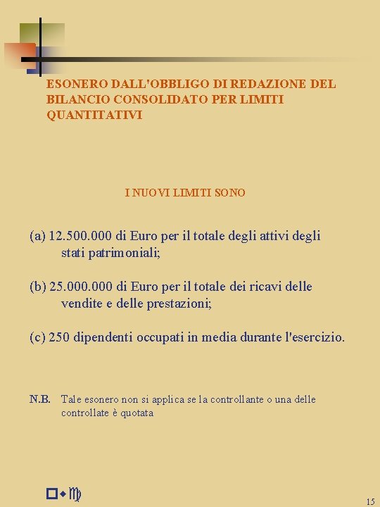 ESONERO DALL'OBBLIGO DI REDAZIONE DEL BILANCIO CONSOLIDATO PER LIMITI QUANTITATIVI I NUOVI LIMITI SONO