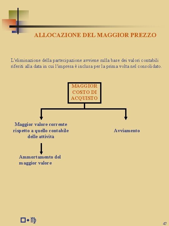 ALLOCAZIONE DEL MAGGIOR PREZZO L'eliminazione della partecipazione avviene sulla base dei valori contabili riferiti