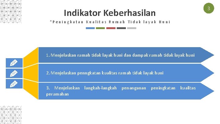 Indikator Keberhasilan “Peningkatan Kualitas Rumah Tidak layak Huni 1. Menjelaskan rumah tidak layak huni