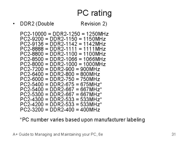PC rating • DDR 2 (Double Data Rate Revision 2) PC 2 -10000 =