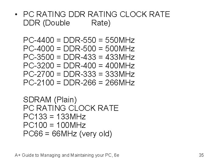  • PC RATING DDR RATING CLOCK RATE DDR (Double Data Rate) PC-4400 =