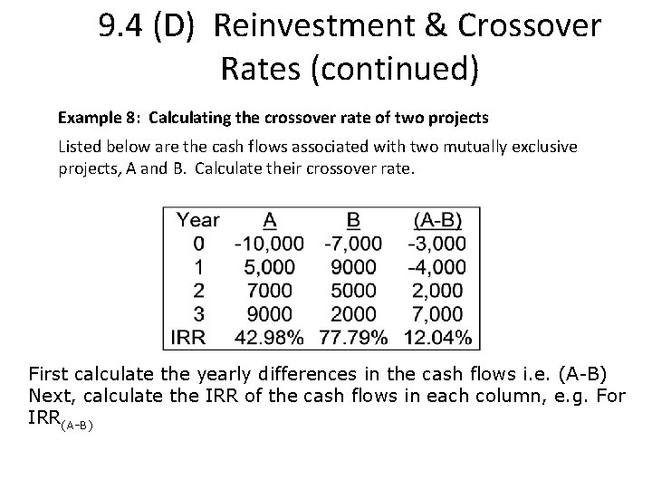 9. 4 (D) Reinvestment & Crossover Rates (continued) Example 8: Calculating the crossover rate