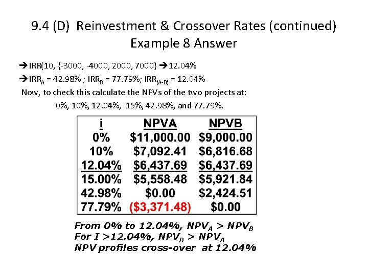 9. 4 (D) Reinvestment & Crossover Rates (continued) Example 8 Answer IRR(10, {-3000, -4000,