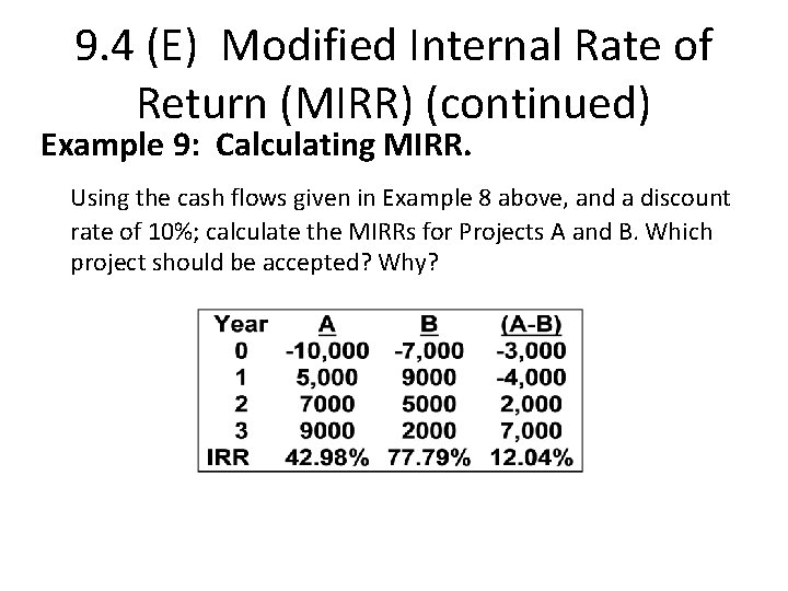 9. 4 (E) Modified Internal Rate of Return (MIRR) (continued) Example 9: Calculating MIRR.