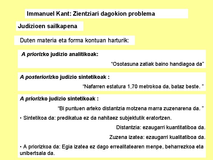 Immanuel Kant: Zientziari dagokion problema Judizioen sailkapena Duten materia eta forma kontuan harturik: A