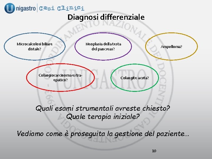 Diagnosi differenziale Microcalcolosi biliare distale? Colangiocarcinoma extraepatico? Neoplasia della testa del pancreas? Ampulloma? Colangite