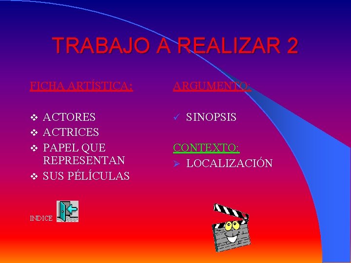 TRABAJO A REALIZAR 2 FICHA ARTÍSTICA: ARGUMENTO: ACTORES v ACTRICES v PAPEL QUE REPRESENTAN