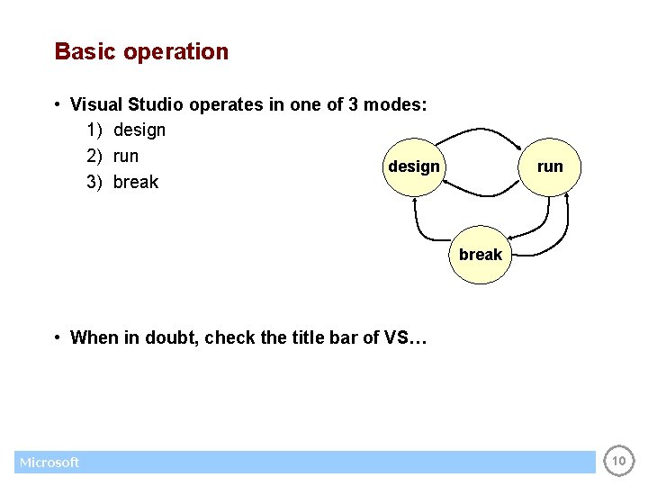 Basic operation • Visual Studio operates in one of 3 modes: 1) design 2)