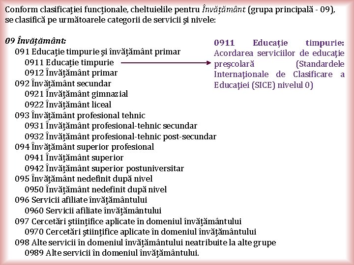 Conform clasificației funcționale, cheltuielile pentru Învățământ (grupa principală - 09), se clasifică pe următoarele