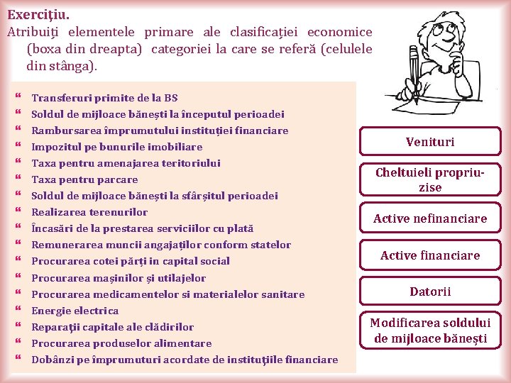 Exerciţiu. Atribuiți elementele primare ale clasificației economice (boxa din dreapta) categoriei la care se