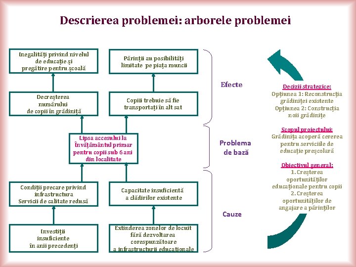 Descrierea problemei: arborele problemei Inegalități privind nivelul de educație și pregătire pentru școală Părinții