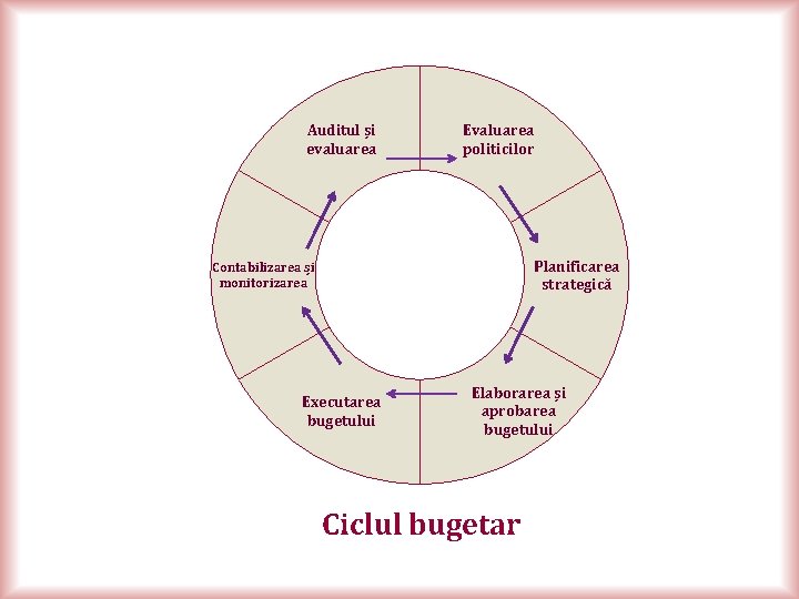 Auditul și evaluarea Evaluarea politicilor Planificarea strategică Contabilizarea și monitorizarea Executarea bugetului Elaborarea și