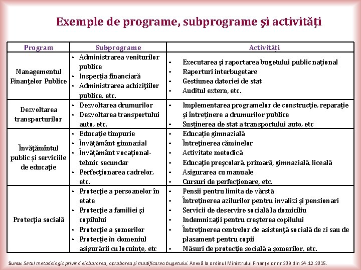 Exemple de programe, subprograme şi activităţi Program } Managementul Finanţelor Publice Dezvoltarea transporturilor }