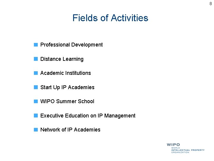 8 Fields of Activities Professional Development Distance Learning Academic Institutions Start Up IP Academies