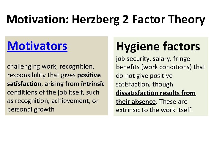 Motivation: Herzberg 2 Factor Theory Motivators challenging work, recognition, responsibility that gives positive satisfaction,