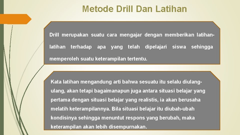 Metode Drill Dan Latihan Drill merupakan suatu cara mengajar dengan memberikan latihan terhadap apa