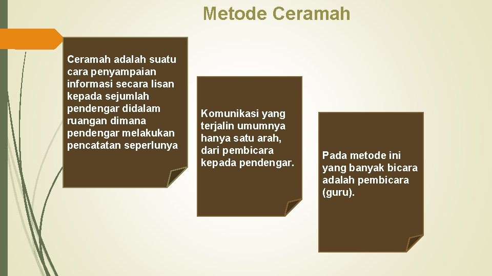 Metode Ceramah adalah suatu cara penyampaian informasi secara lisan kepada sejumlah pendengar didalam ruangan