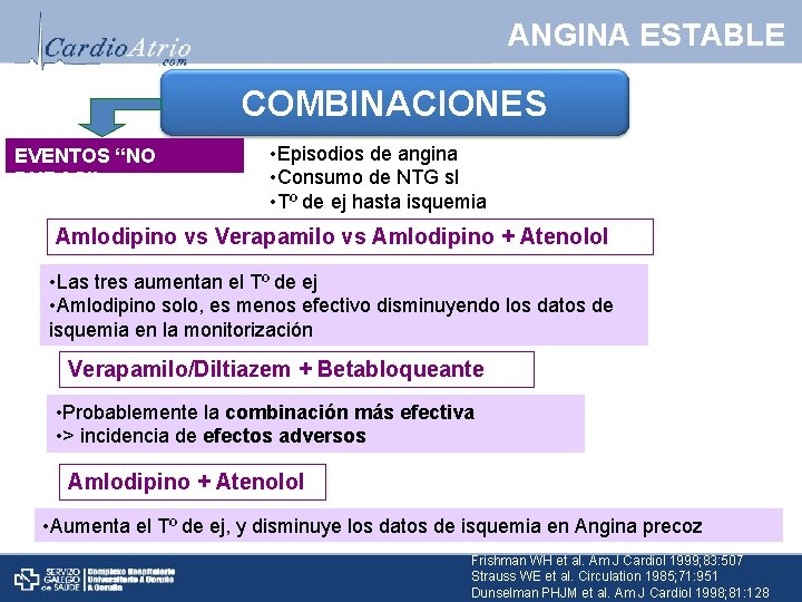 ANGINA ESTABLE COMBINACIONES EVENTOS “NO DUROS”: • Episodios de angina • Consumo de NTG