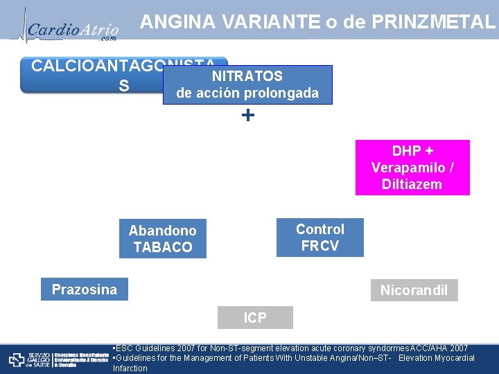 ANGINA VARIANTE o de PRINZMETAL CALCIOANTAGONISTA NITRATOS S de acción prolongada + DHP +
