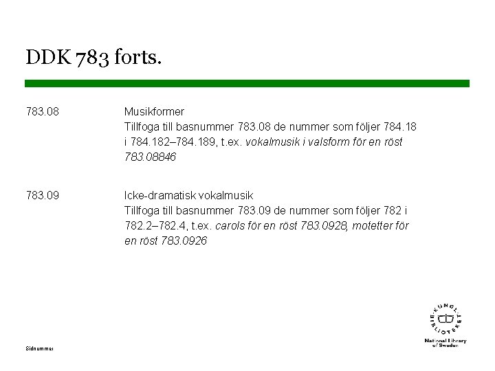 DDK 783 forts. 783. 08 Musikformer Tillfoga till basnummer 783. 08 de nummer som