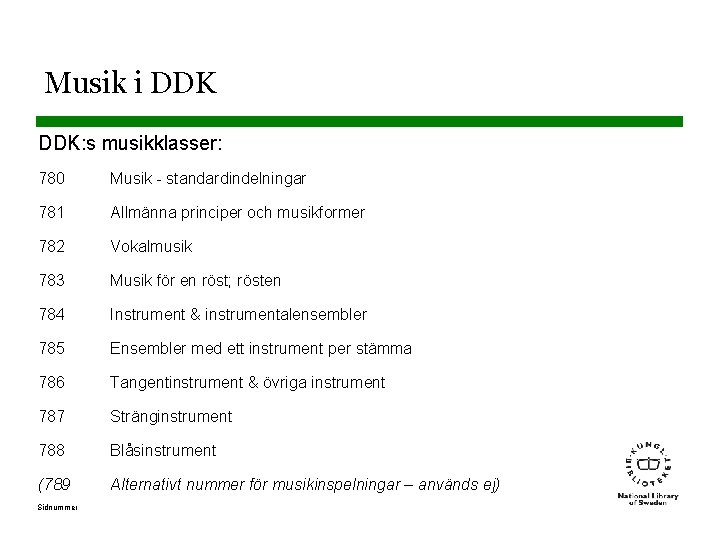 Musik i DDK: s musikklasser: 780 Musik - standardindelningar 781 Allmänna principer och musikformer