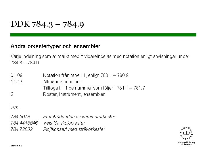 DDK 784. 3 – 784. 9 Andra orkestertyper och ensembler Varje indelning som är