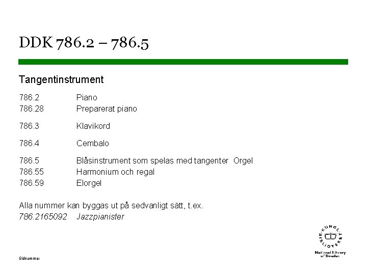 DDK 786. 2 – 786. 5 Tangentinstrument 786. 28 Piano Preparerat piano 786. 3