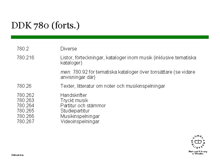 DDK 780 (forts. ) 780. 2 Diverse 780. 216 Listor, förteckningar, kataloger inom musik