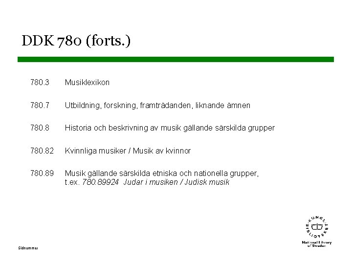 DDK 780 (forts. ) 780. 3 Musiklexikon 780. 7 Utbildning, forskning, framträdanden, liknande ämnen