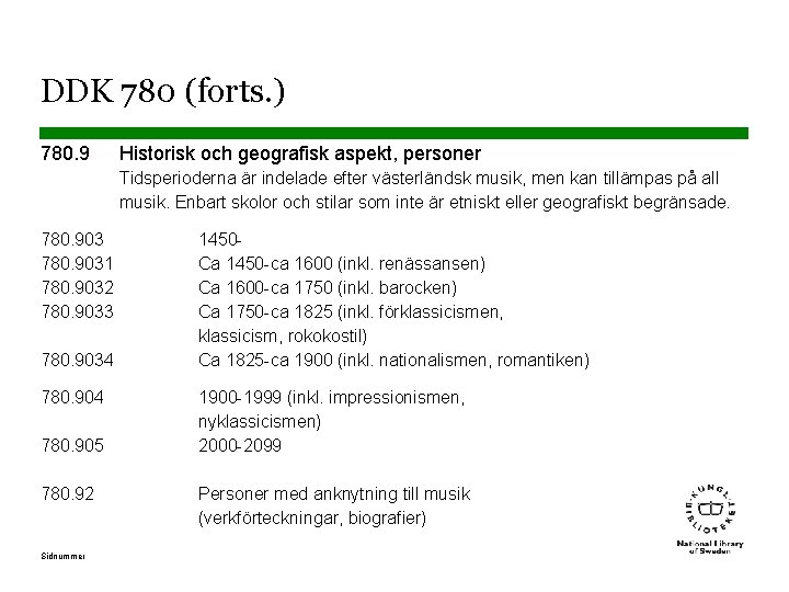 DDK 780 (forts. ) 780. 9 Historisk och geografisk aspekt, personer Tidsperioderna är indelade