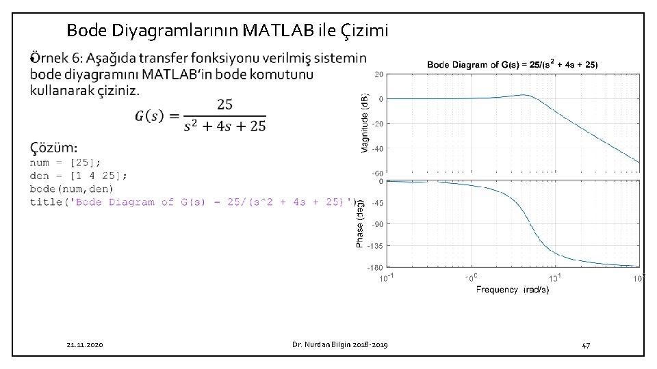 Bode Diyagramlarının MATLAB ile Çizimi • 21. 11. 2020 Dr. Nurdan Bilgin 2018 2019