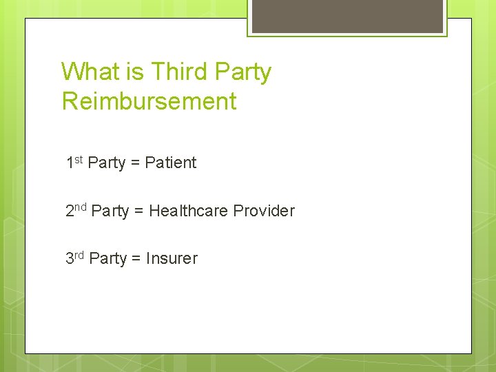 What is Third Party Reimbursement 1 st Party = Patient 2 nd Party =