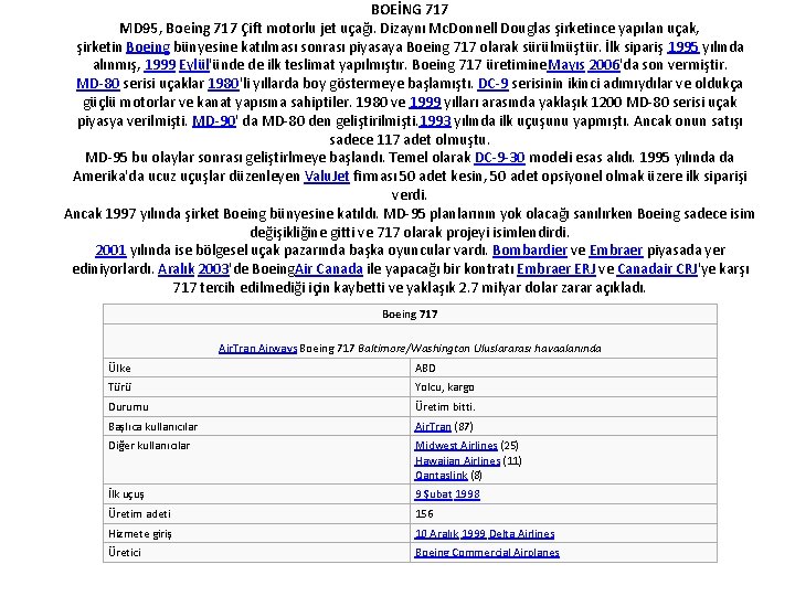 BOEİNG 717 MD 95, Boeing 717 Çift motorlu jet uçağı. Dizaynı Mc. Donnell Douglas