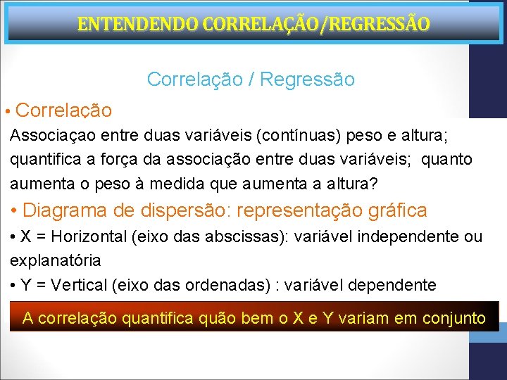 ENTENDENDO CORRELAÇÃO/REGRESSÃO Correlação / Regressão • Correlação Associaçao entre duas variáveis (contínuas) peso e