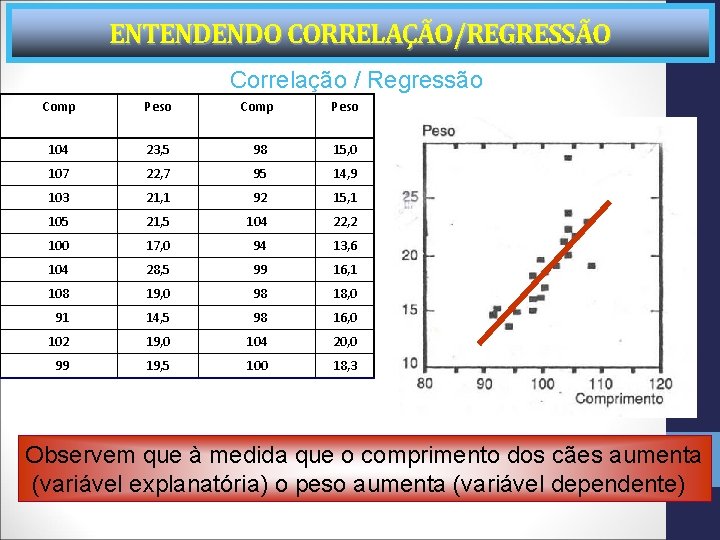 ENTENDENDO CORRELAÇÃO/REGRESSÃO Correlação / Regressão Comp Peso 104 23, 5 98 15, 0 107
