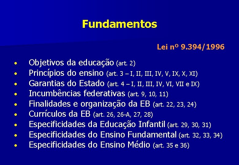 Fundamentos Lei nº 9. 394/1996 • • • Objetivos da educação (art. 2) Princípios