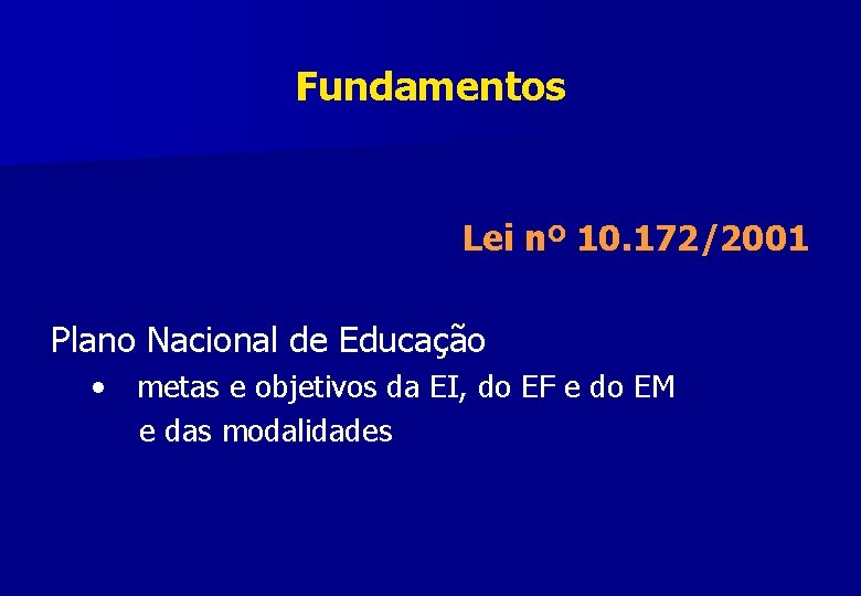 Fundamentos Lei nº 10. 172/2001 Plano Nacional de Educação • metas e objetivos da