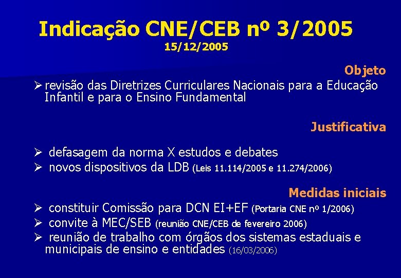 Indicação CNE/CEB nº 3/2005 15/12/2005 Objeto Ø revisão das Diretrizes Curriculares Nacionais para a