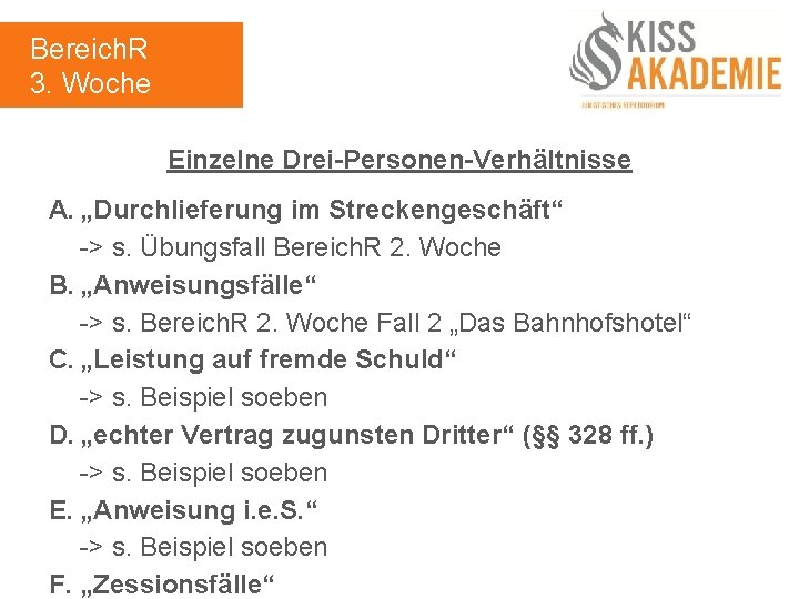 Bereich. R 3. Woche Einzelne Drei-Personen-Verhältnisse A. „Durchlieferung im Streckengeschäft“ -> s. Übungsfall Bereich.