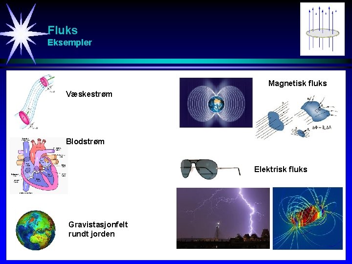 Fluks Eksempler Magnetisk fluks Væskestrøm Blodstrøm Elektrisk fluks Gravistasjonfelt rundt jorden 