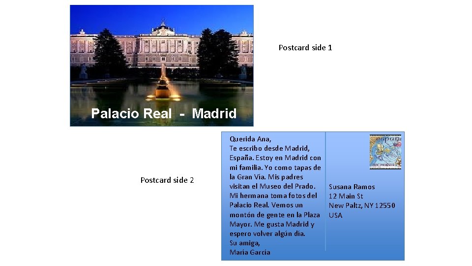 Postcard side 1 Palacio Real - Madrid Postcard side 2 Querida Ana, Te escribo
