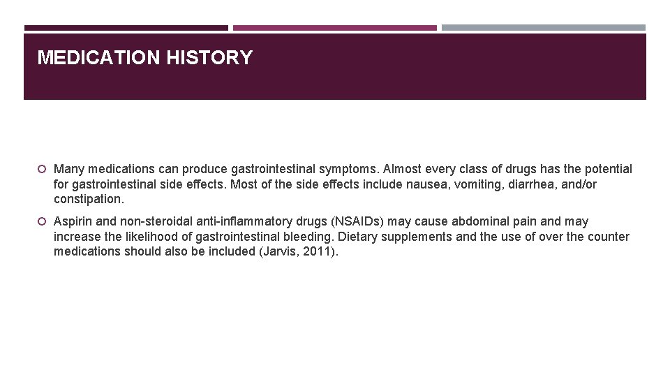 MEDICATION HISTORY Many medications can produce gastrointestinal symptoms. Almost every class of drugs has